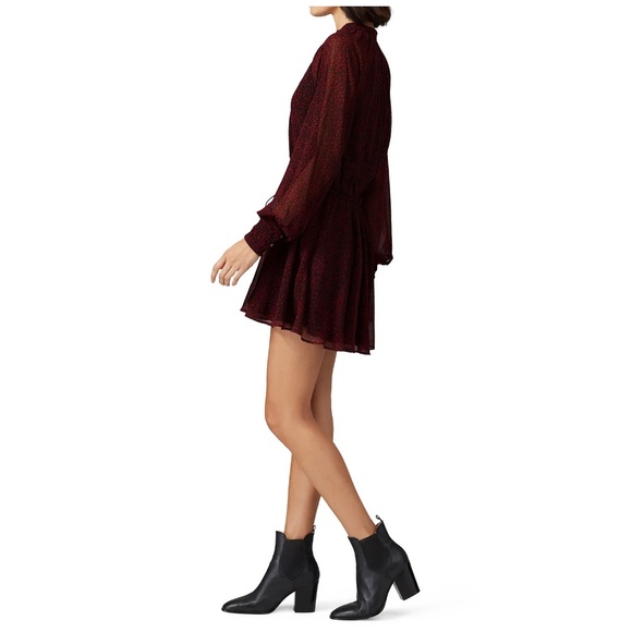 CLEOBELLA Dark Red Kelly Mini Chiffon Dress Long Sleeve V-Neck - Size Small - Picture 4 of 9